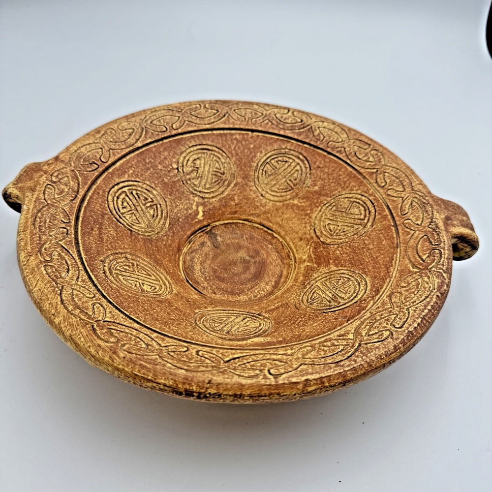 Vintage Rustic Terracotta Bowl w/ Handles & Chinese "Good Luck" Symbol‎